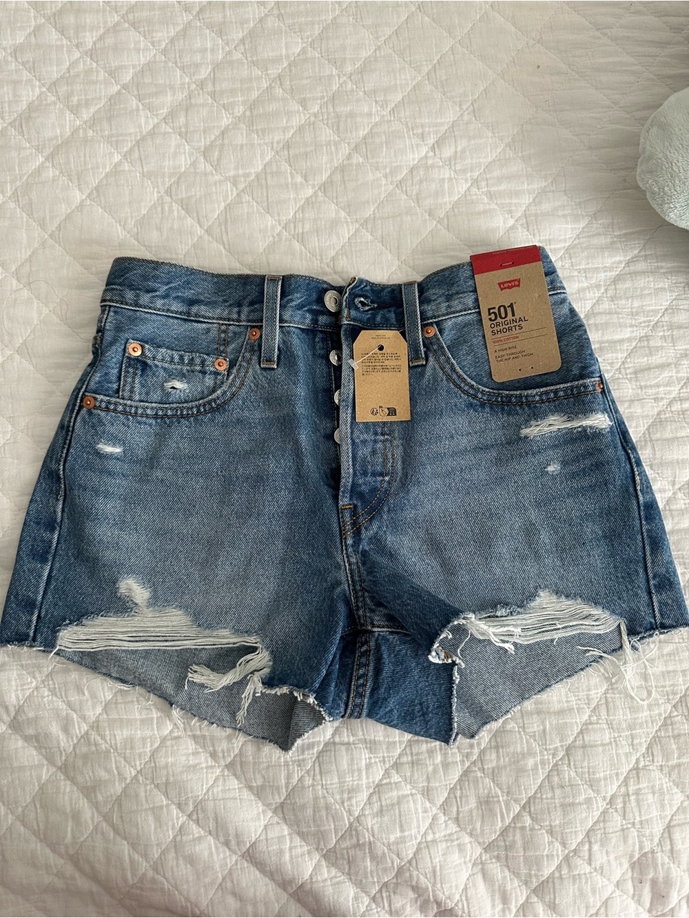 Levi's 501 Original High-Waist Distressed Denim Shorts in Medium Blue